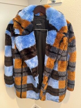 Monki Checker Faux Fur Coat in Blue, Rust & Dark Brown